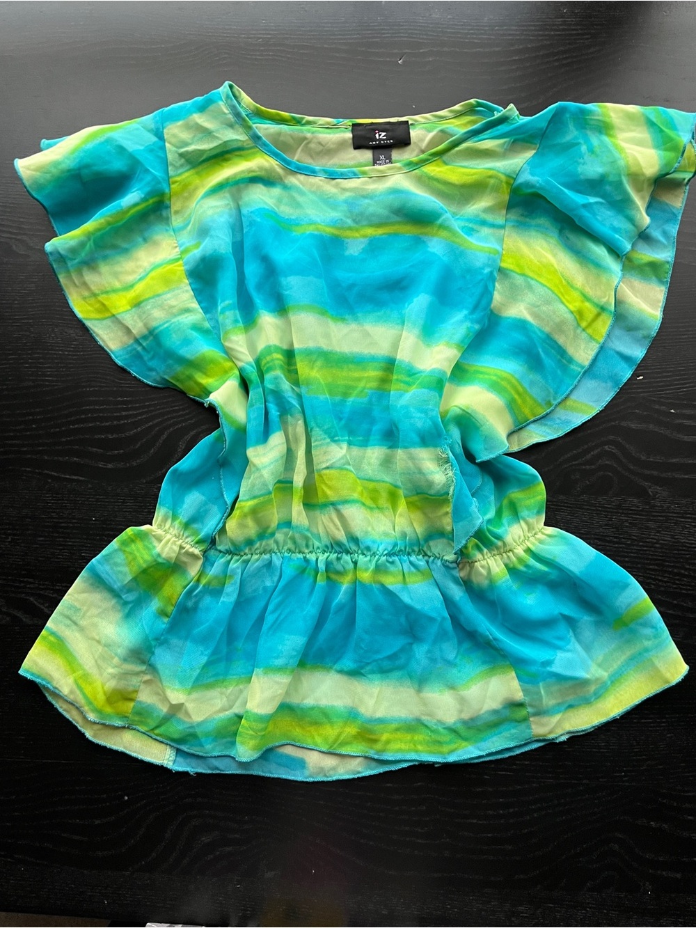 Amy Byer Aqua, Teal & Lime Abstract Watercolor Ruffle Peplum Top